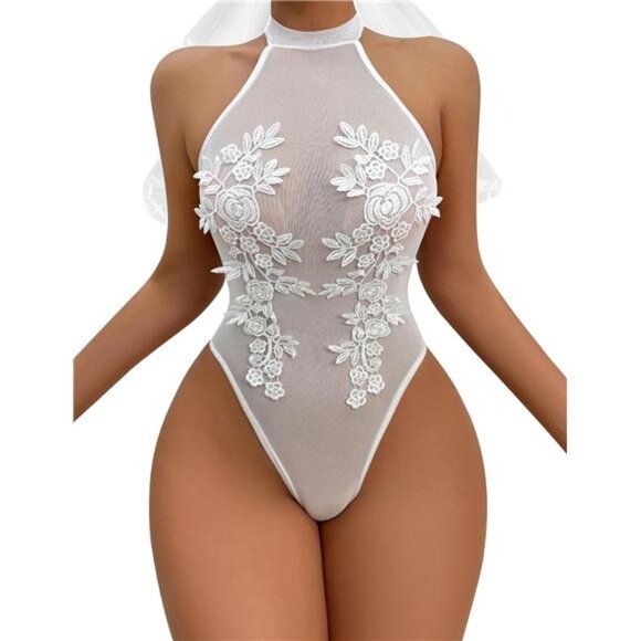 Women Teddy Lingerie Sexy Mesh Bodysuit White - Picture 1 of 5
